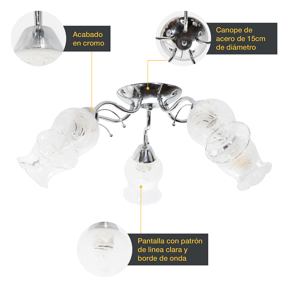 Lámpara de Techo Plata Cromo Clásico E27 40W 5 Luces