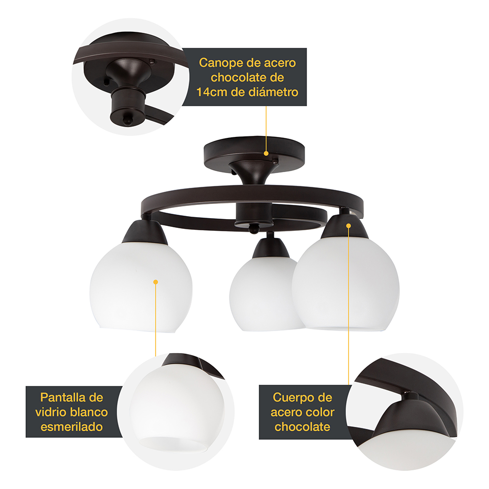 LAMPARA DE TECHO DE 3 LUZ DE 40W EN  METAL VIDRIO EN CHOCOLATE E27
