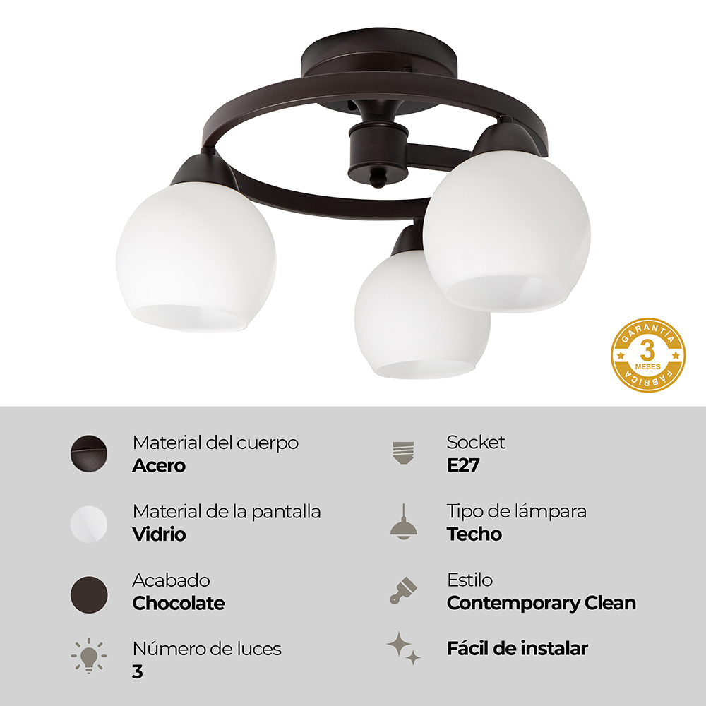 LAMPARA DE TECHO DE 3 LUZ DE 40W EN  METAL VIDRIO EN CHOCOLATE E27
