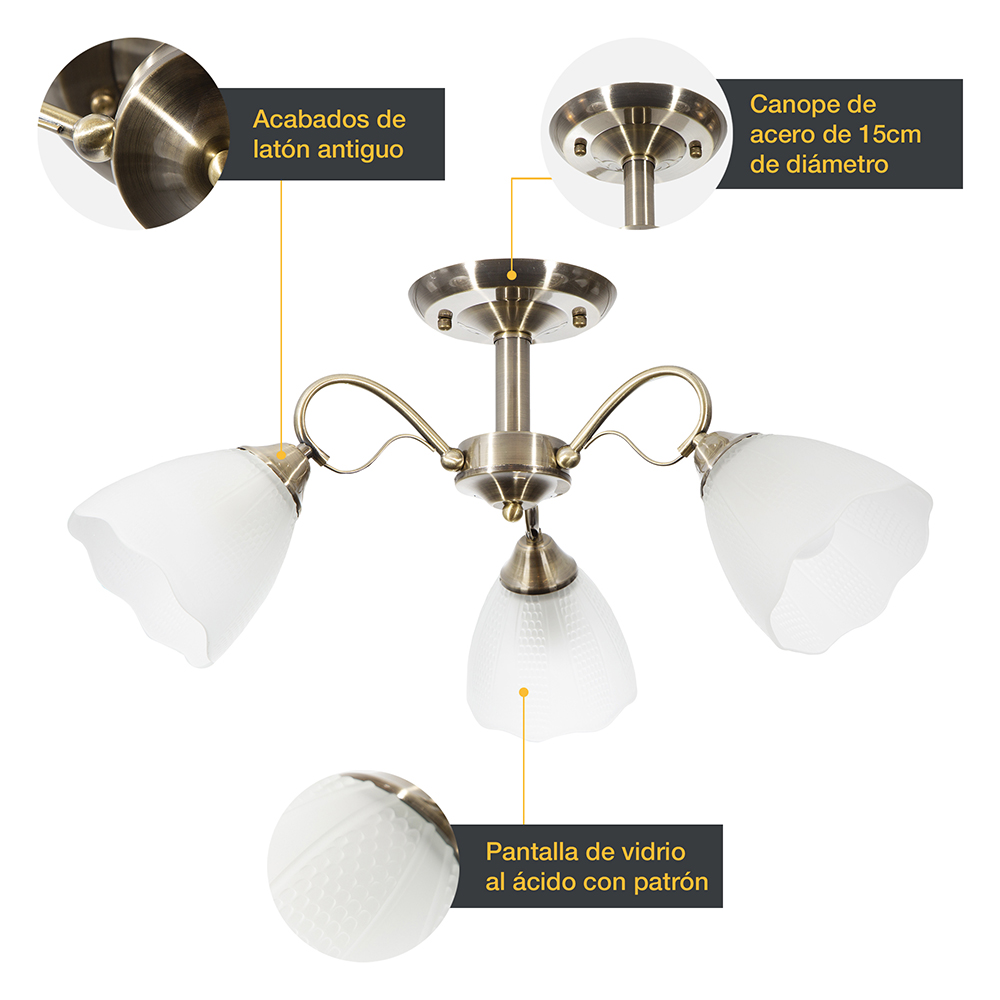 Lámpara de Techo Latón Antiguo Clásico E27 G45 40W 3 Luces