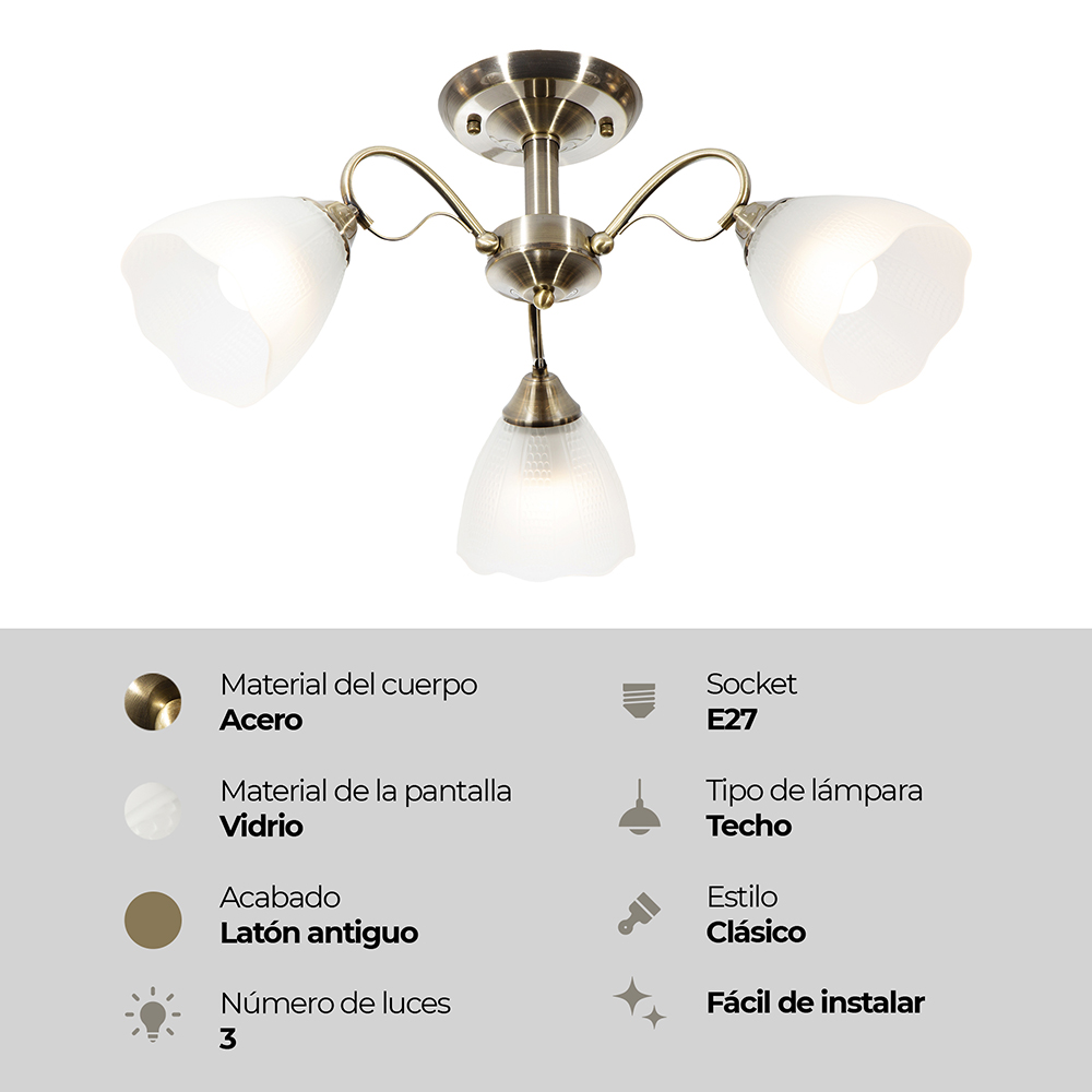 Lámpara de Techo Latón Antiguo Clásico E27 G45 40W 3 Luces