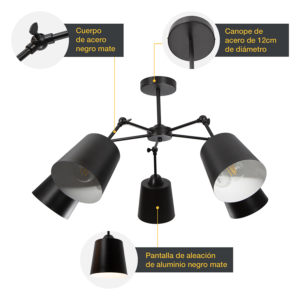LAMPARA DE TECHO NEGRO 5L E27