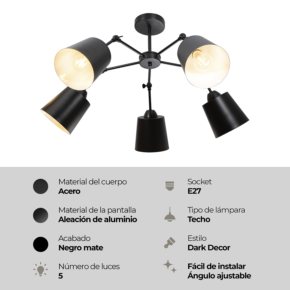 LAMPARA DE TECHO NEGRO 5L E27