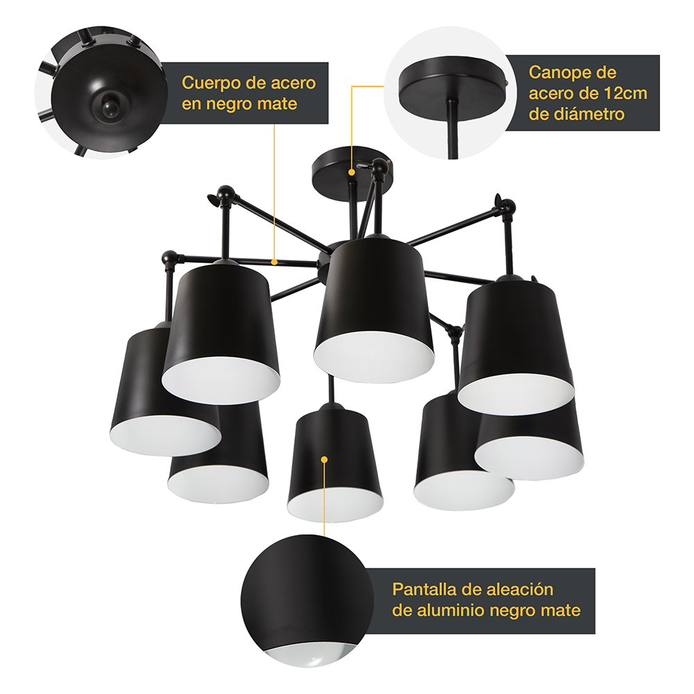 LAMPARA DE TECHO NEGRO 8L E27