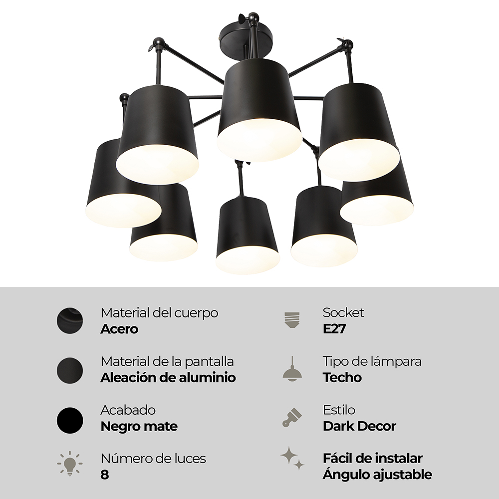 LAMPARA DE TECHO NEGRO 8L E27