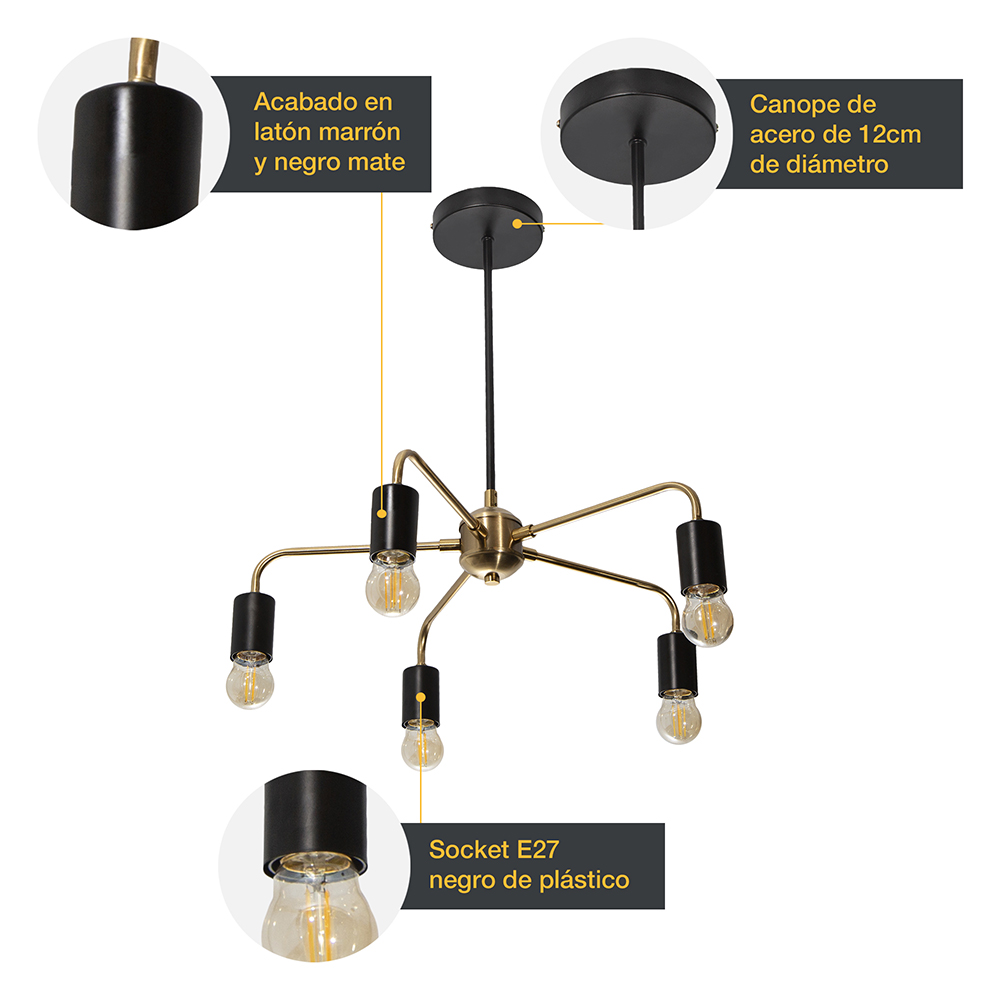 LAMPARA DE TECHO NEGRO Y DORADO 5L E27