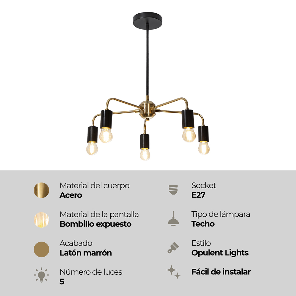 LAMPARA DE TECHO NEGRO Y DORADO 5L E27