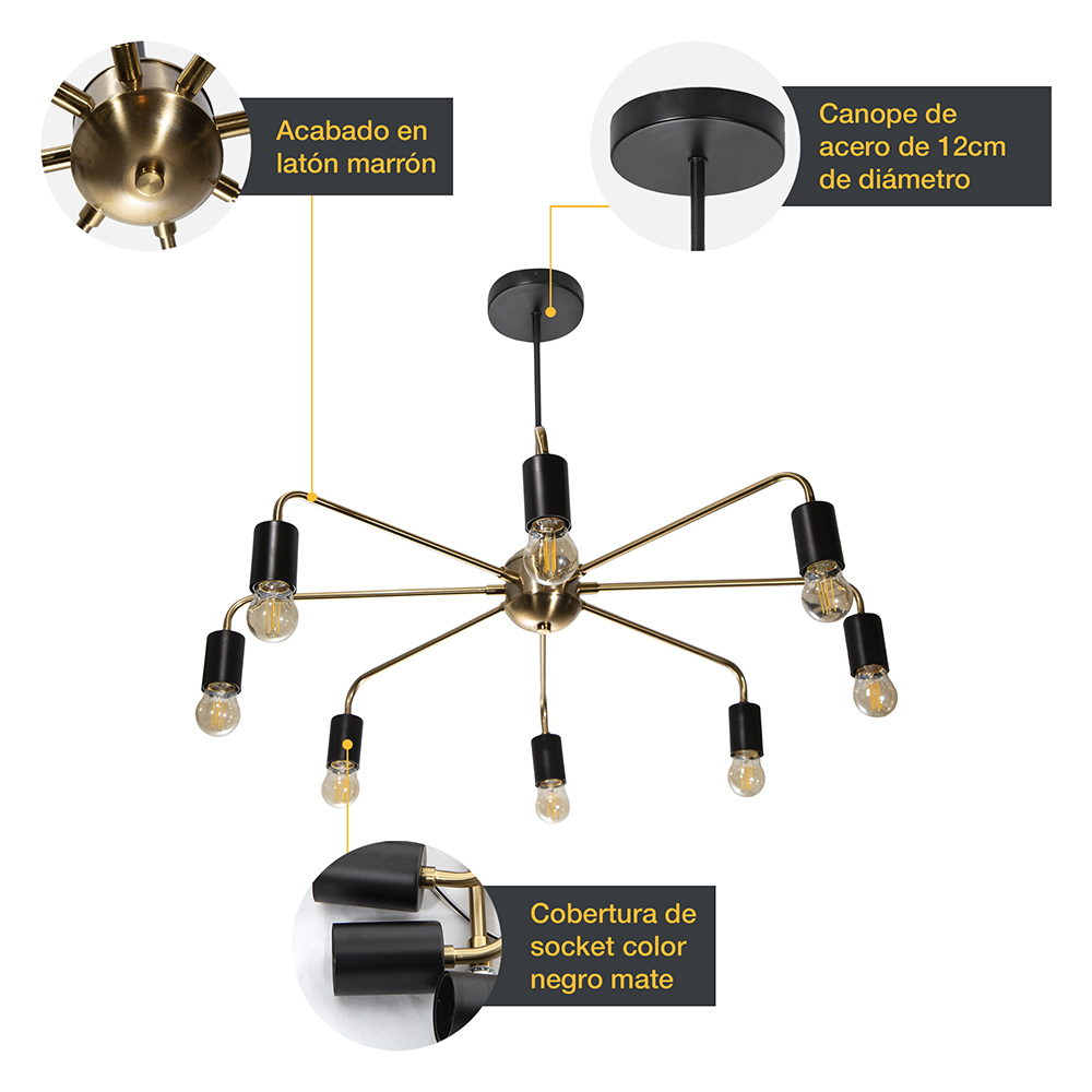LAMPARA DE TECHO NEGRO Y DORADO 8L E27