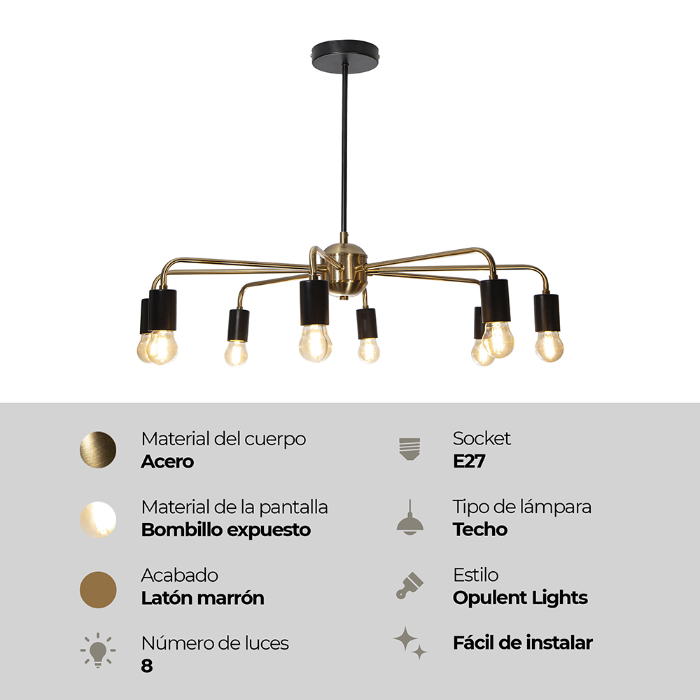 LAMPARA DE TECHO NEGRO Y DORADO 8L E27