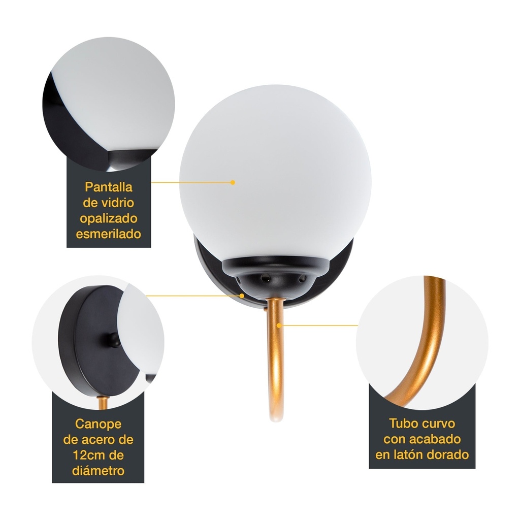 Aplique de Pared Moderno Negro y Bronce Dorado 40W E27 de 1 Luz