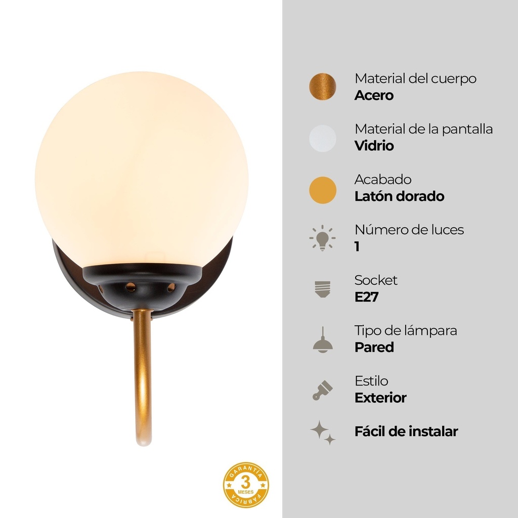 Aplique de Pared Moderno Negro y Bronce Dorado 40W E27 de 1 Luz
