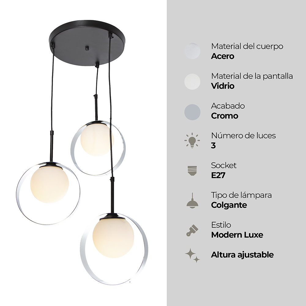 LAMPARA COLGANTE 3L EN ACERO Y VIDRIO