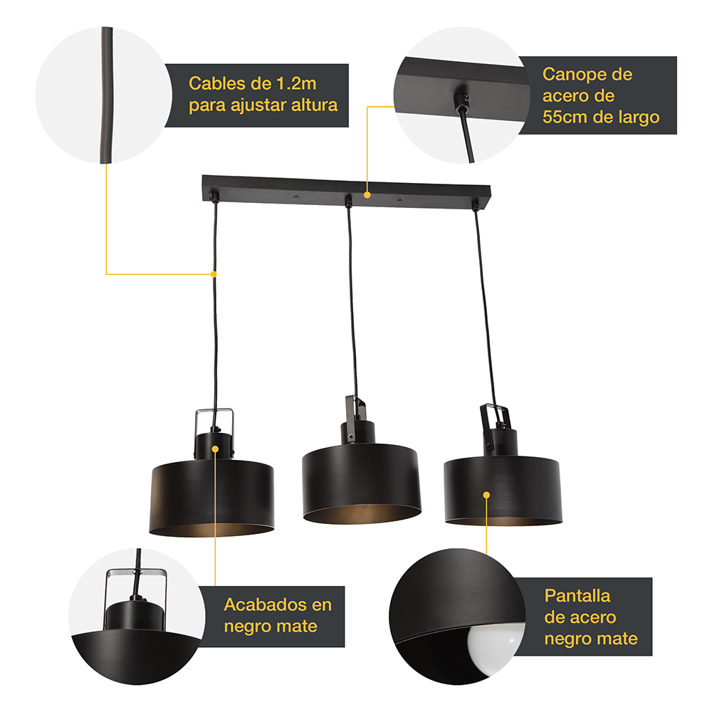 LAMPARA COLGANTE 3L NEGRO E27