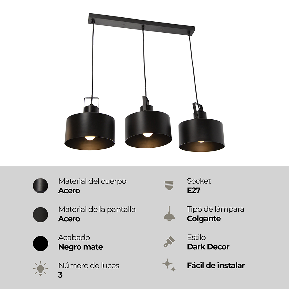 LAMPARA COLGANTE 3L NEGRO E27