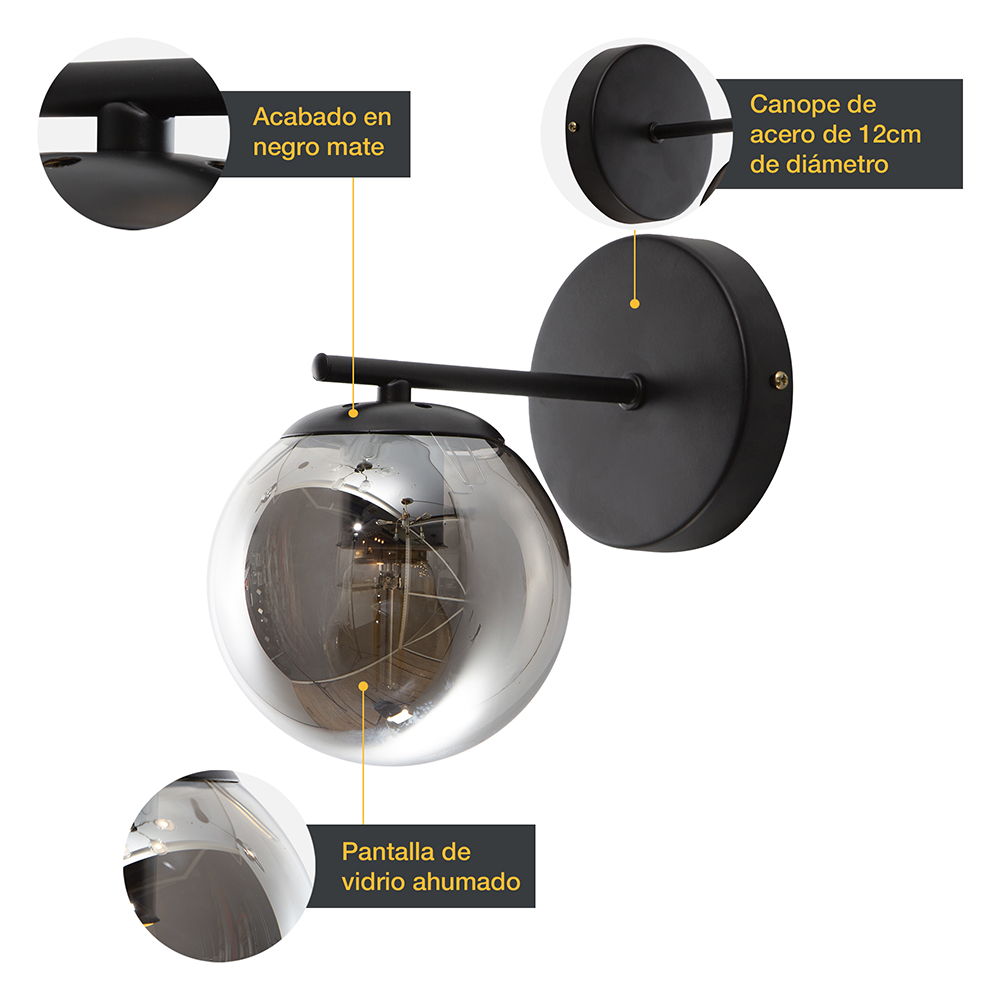 Lámpara de Pared Opulent Lights Moderna Negro E27 40w 1 Luz