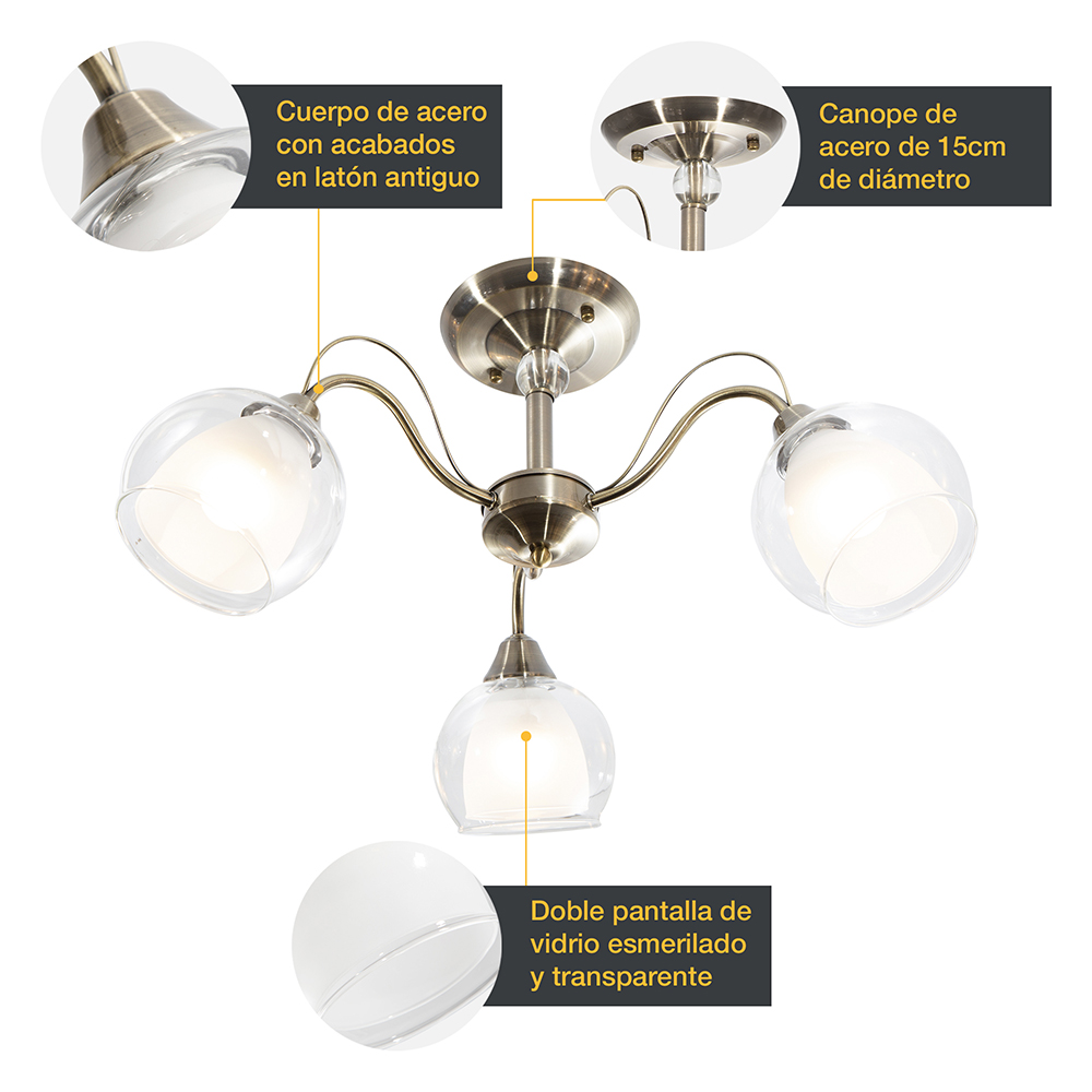 Lámpara de Techo Latón Antiguo Clásico E27 40W 3 Luces
