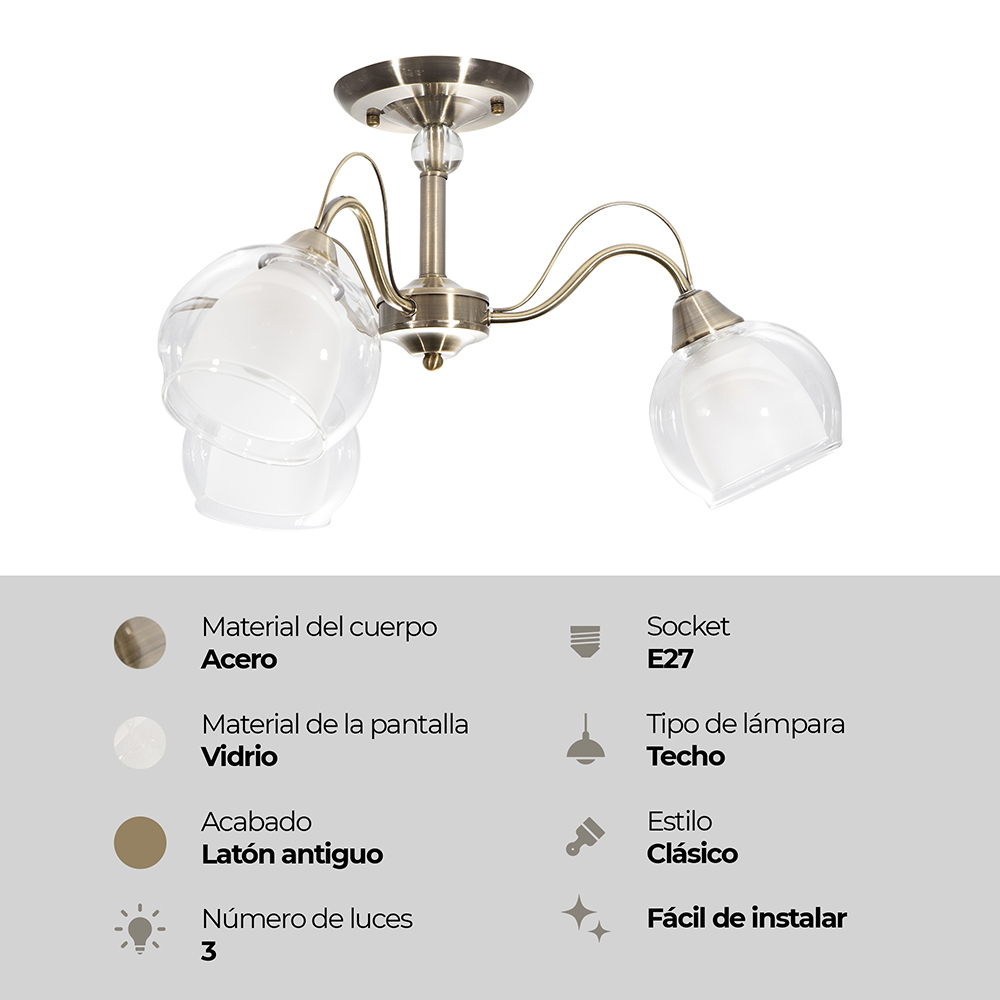 Lámpara de Techo Latón Antiguo Clásico E27 40W 3 Luces