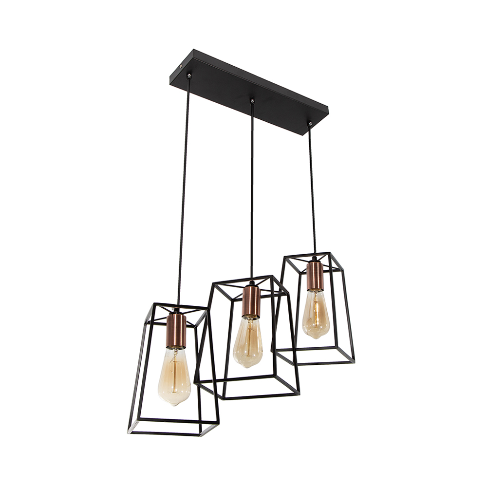 Lámpara Colgante, Negro y Cobre Antiguo, 3 Luces, 40W, E27