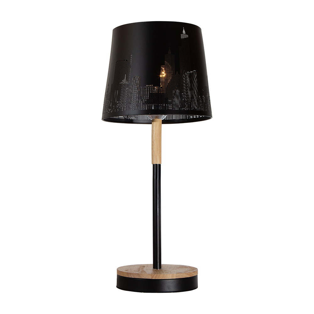 Lámpara de Mesa Negro Mate Madera E27 40W 1 Luz