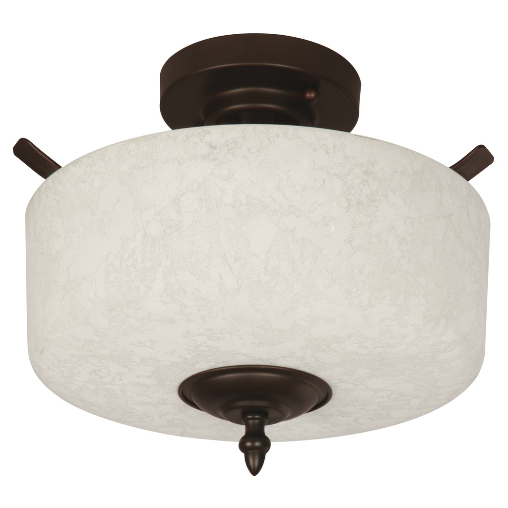 Lampara de techo estilo clasico 2 luces acabado bronce antiguo base metalica pantalla de vidrio esmerilado con marcas de agua.